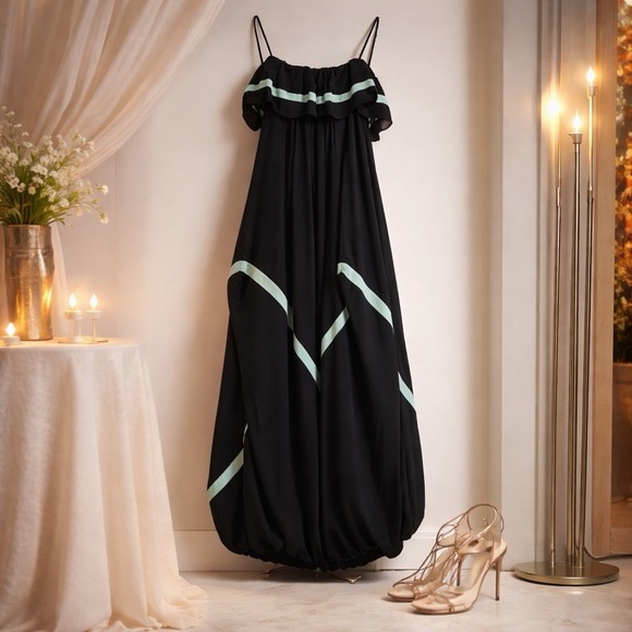 BCBGMaxazria Size S SILK Maxi Dress Black Blue Whimsical Evening Gown Dark Fairy - Picture 2 of 10